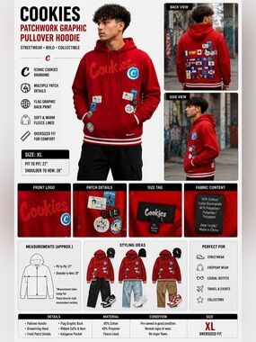 Cookies Patchwork Graphic Pullover Hoodie Red XL Men's Flag Logo Sweatshirt